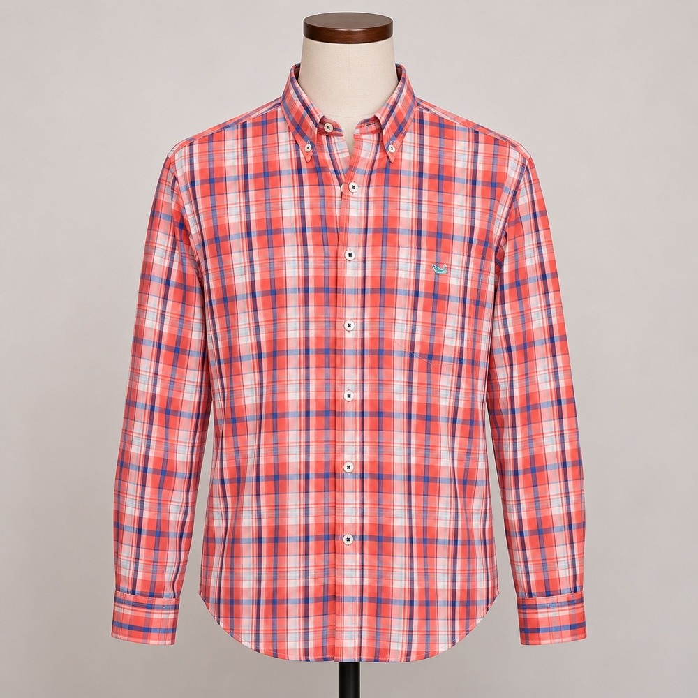 Southern Marsh Mens Coral Blue Plaid Cotton Button Down Shirt Size Medium
